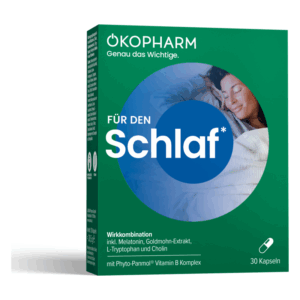 Verpackung für ein Schlafmittel mit Melatonin, Goldmohn-Extrakt und anderen Inhaltsstoffen, zeigt eine schlafende Frau.