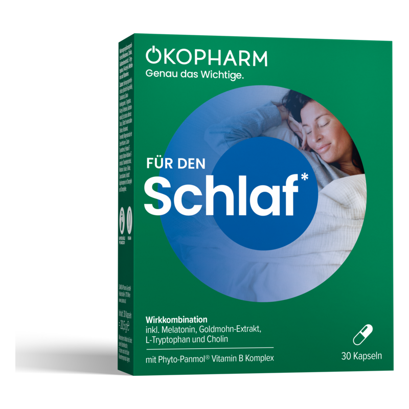 Verpackung für ein Schlafmittel mit Melatonin, Goldmohn-Extrakt und anderen Inhaltsstoffen, zeigt eine schlafende Frau.