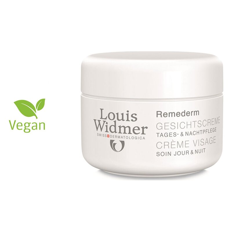 Weiße Gesichtscreme von Louis Widmer in einem runden Tiegel, gekennzeichnet als vegan.