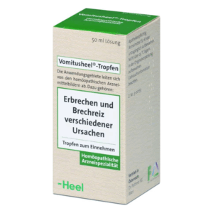 Verpackung von Vomitusehel Tropfen, 50 ml, zur Behandlung von Erbrechen und Brechreiz, homöopathische Arznei.
