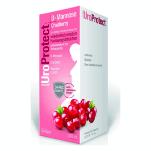 Packaging von UroProtect D-Mannose Cranberry zur Vorbeugung von Harnwegsinfekten, mit Markenzeichen und Zutatenangaben.