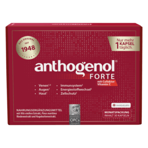 Packung von Anthogenol Forte, ein Nahrungsergänzungsmittel mit verschiedenen gesundheitlichen Vorteilen, inklusive Vitamin C.