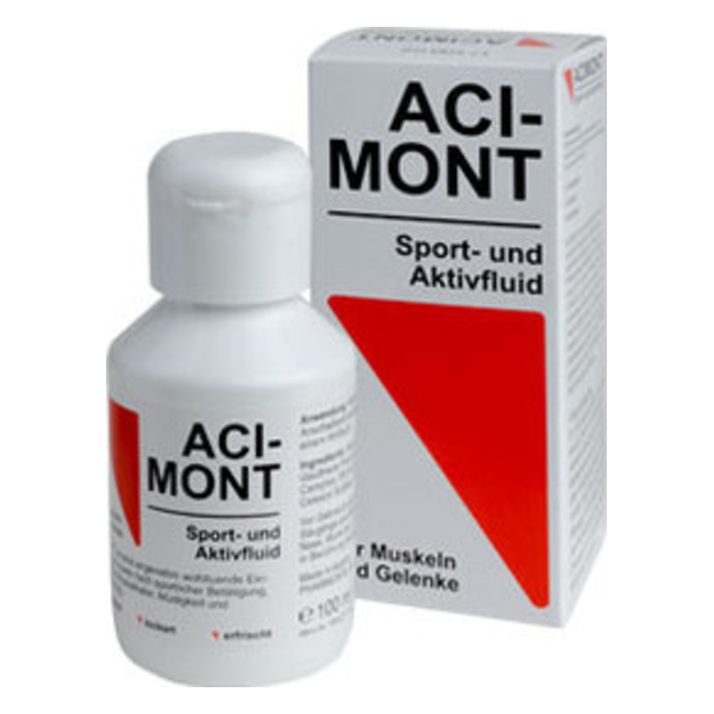 Flasche und Verpackung von ACI-MONT, einem Sport- und Aktivfluid für Muskeln und Gelenke, mit rotem Logo.