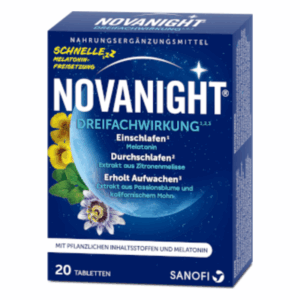 Verpackung von NOVANIGHT mit Hinweis auf die dreifache Wirkung zur Verbesserung des Schlafs und 20 Tabletten.