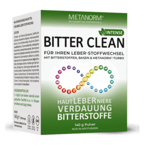 Paket des Nahrungsergänzungsmittels 'Bitter Clean' zur Unterstützung des Leberstoffwechsels, mit grafischen Elementen über Inhaltsstoffe.