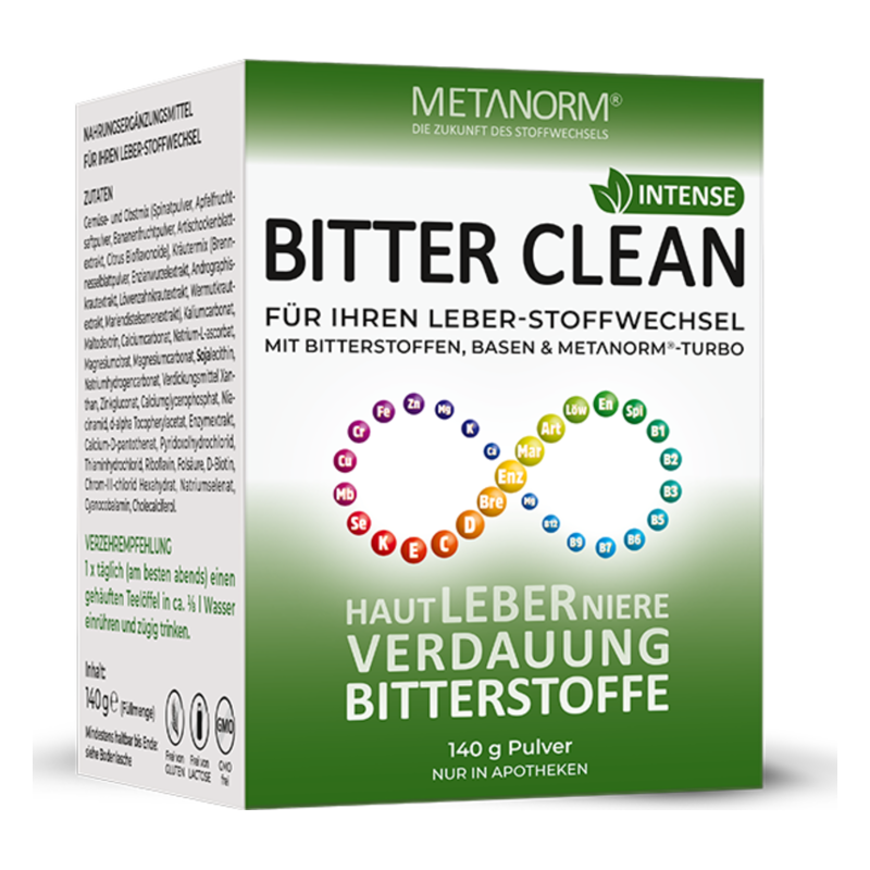 Paket des Nahrungsergänzungsmittels 'Bitter Clean' zur Unterstützung des Leberstoffwechsels, mit grafischen Elementen über Inhaltsstoffe.