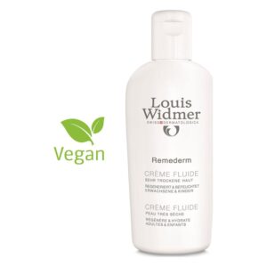 Weißer Pumpspender mit der Aufschrift "Louis Widmer Remederm Crème Fluide", vegan, für sehr trockene Haut.