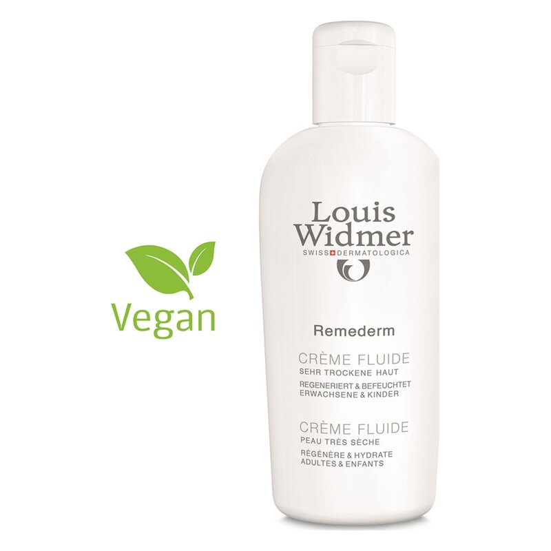 Weißer Pumpspender mit der Aufschrift "Louis Widmer Remederm Crème Fluide", vegan, für sehr trockene Haut.