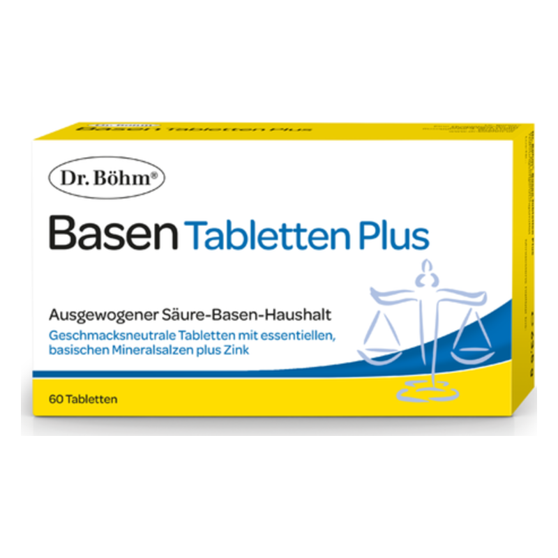 Packung mit Basen Tabletten Plus von Dr. Böhm für ausgewogenen Säure-Basen-Haushalt, 60 Tabletten enthalten.