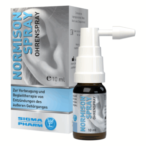 Normison Ohrenspray in einer 10 ml Flasche, verpackt in einer blauen und weißen Schachtel mit Anwendungshinweisen.