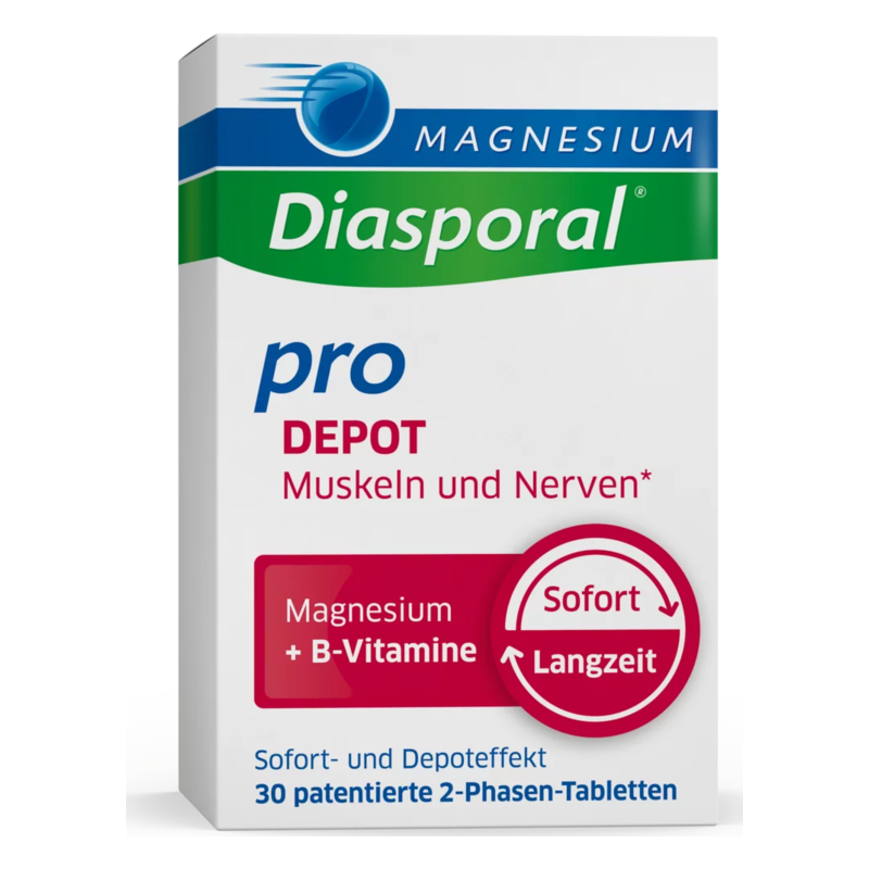 Verpackung von Diasporal pro DEPOT für Muskeln und Nerven mit 30 patentierten 2-Phasen-Tabletten.