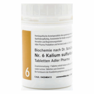 Weißer Behälter mit Schraubverschluss und gelbem Etikett, enthält homöopathische Kalium sulfuricum Tabletten.