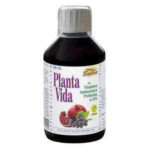 Flasche mit Flüssigkeit, Etikett beschreibt "Planta Vida" mit Vitaminen, Aminosäuren und Probiotika, vegan.