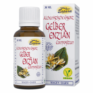 Braune Glasflasche mit weißem Schraubverschluss, etikettiert mit "Gelber Enzian" und Hinweisen zur Anwendung.