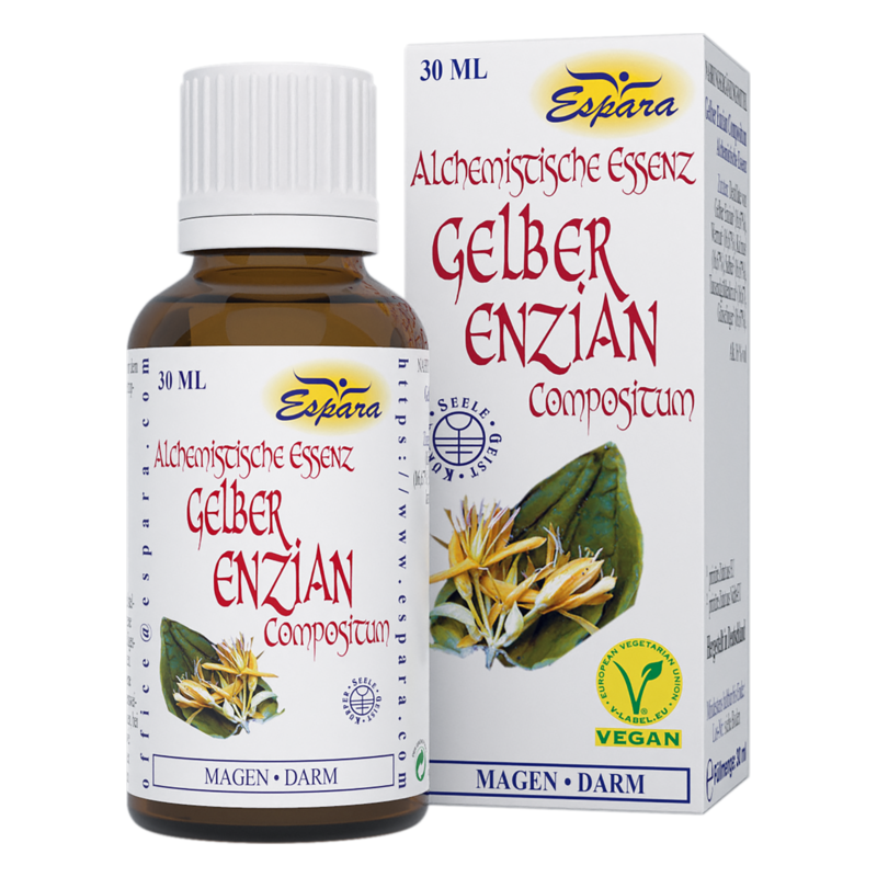 Braune Glasflasche mit weißem Schraubverschluss, etikettiert mit "Gelber Enzian" und Hinweisen zur Anwendung.