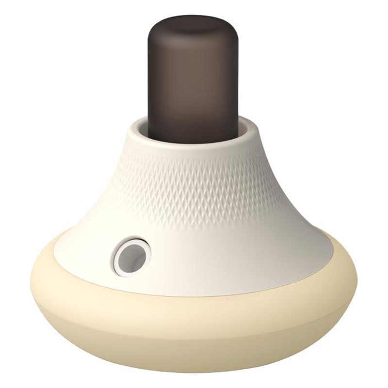 Ein runder, beige Duftspender mit einem gräulichen Auslass oben und einer strukturierten Oberfläche.