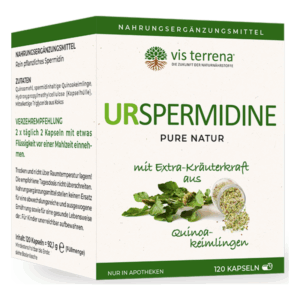 Verpackung für das Nahrungsergänzungsmittel Urspermidine mit Quinoa-Keimlingen, Inhaltsstoffe und Dosierungsanleitung abgedruckt.