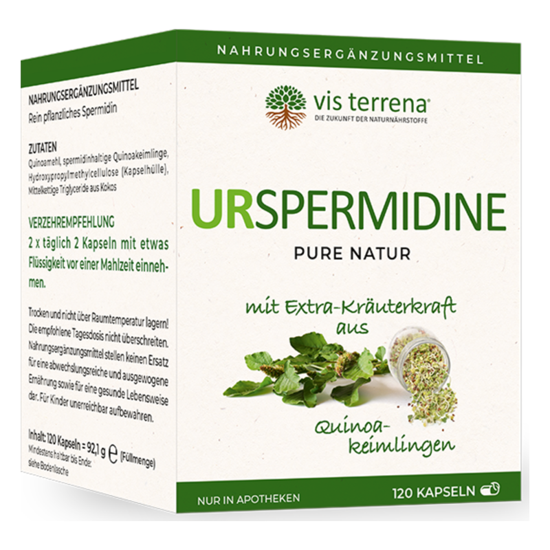 Verpackung für das Nahrungsergänzungsmittel Urspermidine mit Quinoa-Keimlingen, Inhaltsstoffe und Dosierungsanleitung abgedruckt.