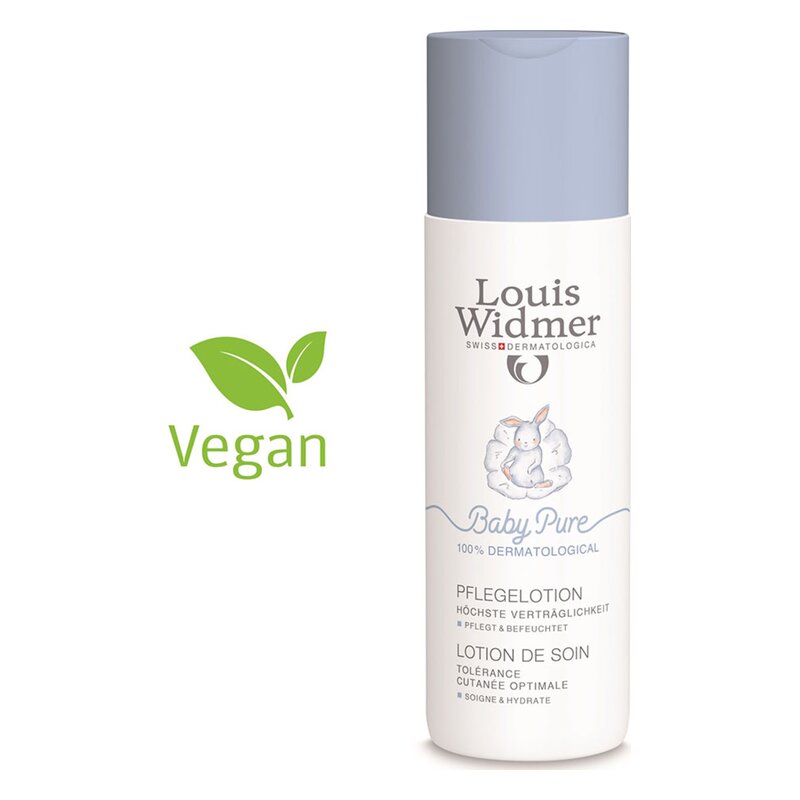 Flasche mit Babypflege-Lotion von Louis Widmer, vegan, mit abgerundetem Deckel und Illustrationen eines Kaninchens.