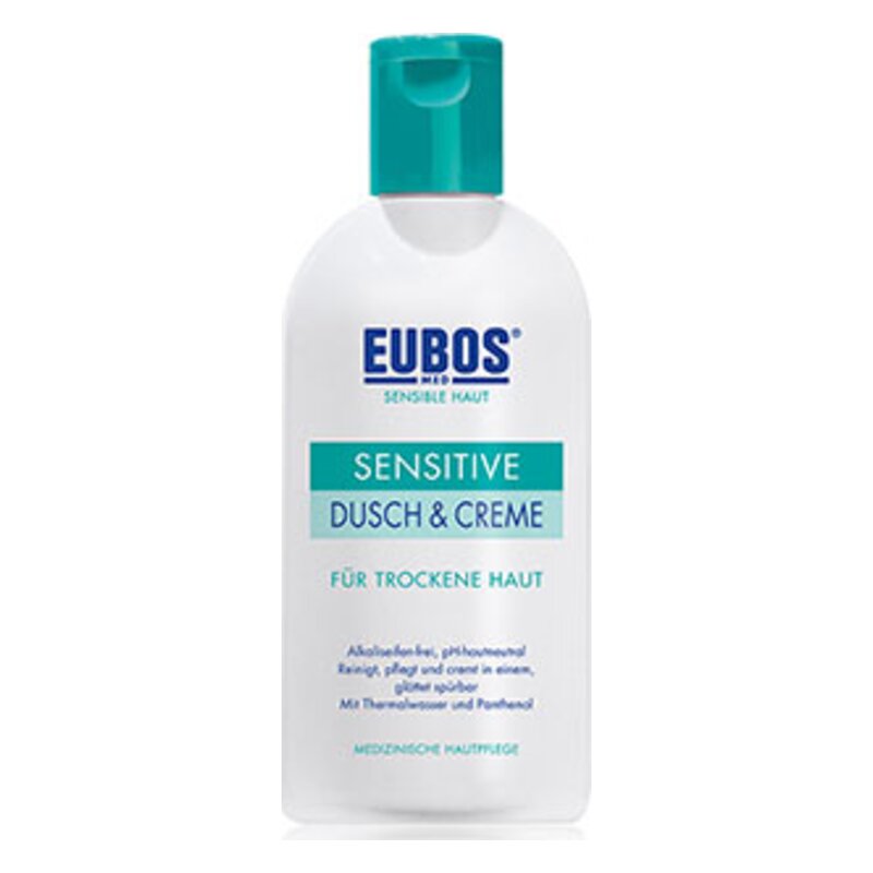 Flasche EUBOS Sensitive Dusch & Creme für trockene Haut mit grünem Deckel und Pflegehinweisen auf dem Etikett.