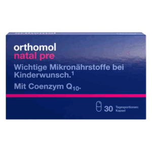 Verpackung von Orthomol natal pre mit Informationen zu Mikronährstoffen und Coenzym Q10, für Kinderwunsch.