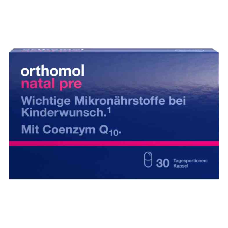 Verpackung von Orthomol natal pre mit Informationen zu Mikronährstoffen und Coenzym Q10, für Kinderwunsch.