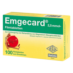 Verpackung von Emgecard Filmtabletten zur Behandlung von Magnesium-Mangelzuständen mit Wirkstoffangabe.