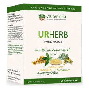 Verpackung eines Nahrungsergänzungsmittels "URHERB" mit Kräuterextrakten und Enzymen, in einer Box mit 60 Kapseln.