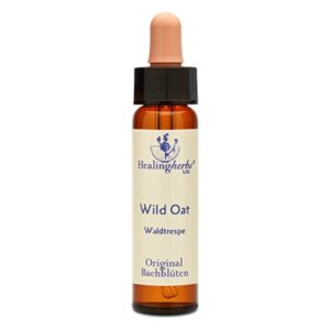 Braune Glasflasche mit Pipette und Etikett für Bachblütenmittel "Wild Oat" mit Angaben zur Anwendung.
