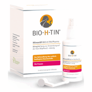 Minoxidil-Spray in einer weißen Flasche, verpackt in einer Box für die Behandlung von Haarausfall bei Frauen.