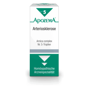 Packung mit Arnica complex Nr. 5-Tropfen zur Behandlung von Arteriosklerose, mit grünem und weißem Design.