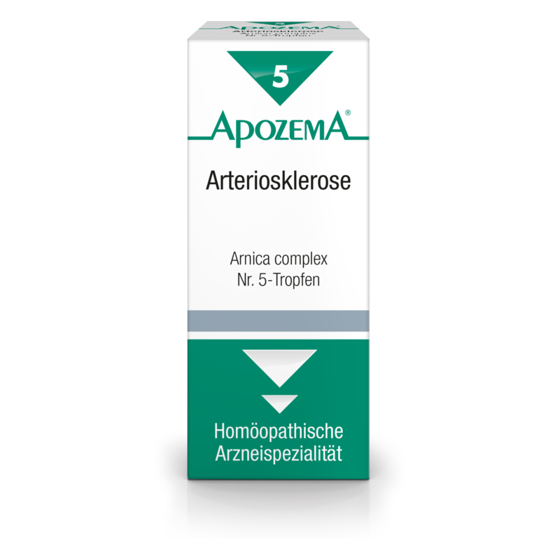 Packung mit Arnica complex Nr. 5-Tropfen zur Behandlung von Arteriosklerose, mit grünem und weißem Design.