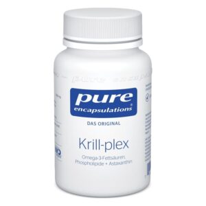 Weißer Kunststoffbehälter mit Schraubverschluss, Etikett 'Krill-plex', enthält Omega-3-Fettsäuren.