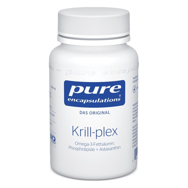 Weißer Kunststoffbehälter mit Schraubverschluss, Etikett 'Krill-plex', enthält Omega-3-Fettsäuren.