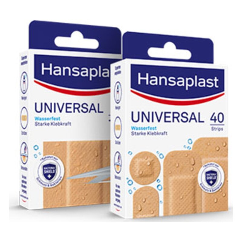 Zwei Packungen Hansaplast Universal Pflaster, wasserfest mit starker Klebkraft, zu sehen in einem hellen Design.