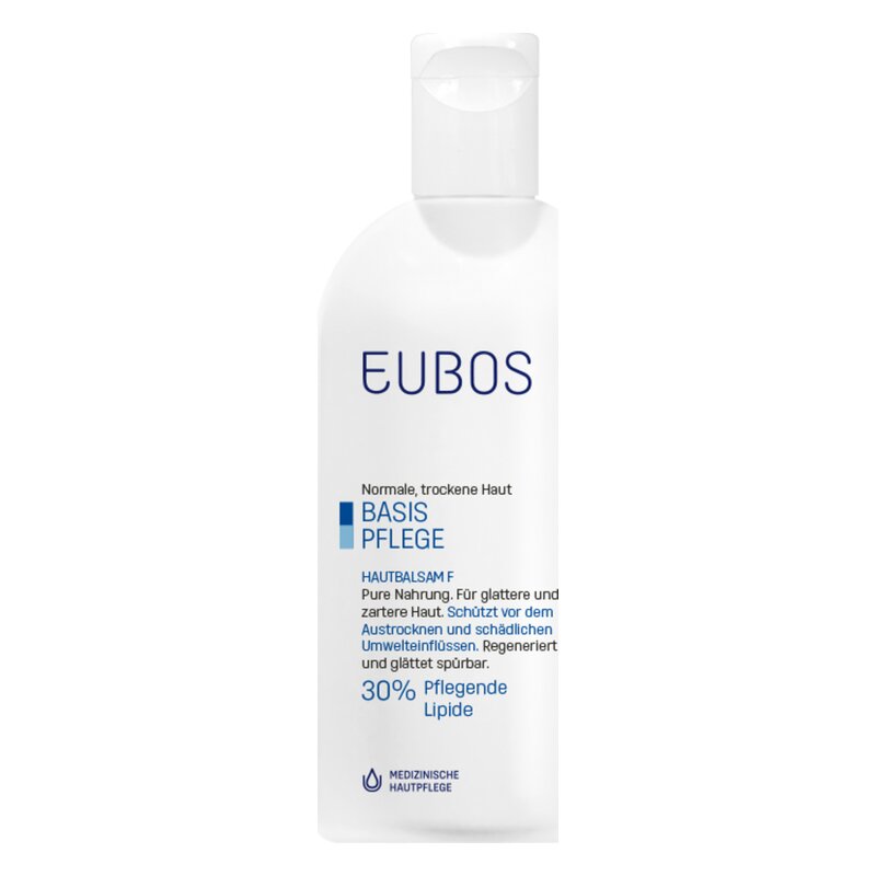 Flasche mit Hautbalsam von EUBOS für normale, trockene Haut, enthält 30% pflegende Lipide.