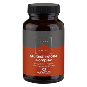 Dunkelbraune Flasche mit schwarzem Deckel, beschriftet mit Multinährstoffe Komplex von Terra Nova.