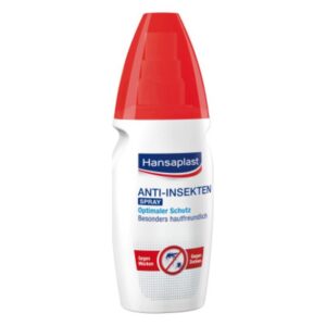 Insektenabwehrspray in einer weißen Flasche mit rotem Sprühkopf und Beschriftung, die den Schutz vor Insekten zeigt.