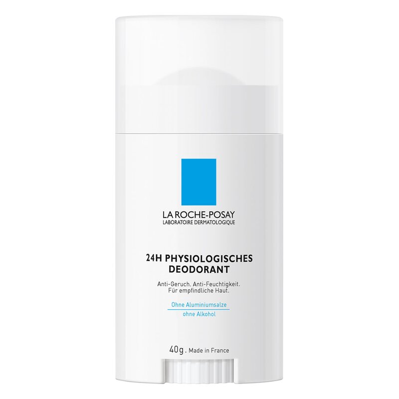 Weißer Deoroller von La Roche-Posay mit blauer Logovorlage, 24H Deodorant für empfindliche Haut, ohne Alkohol.