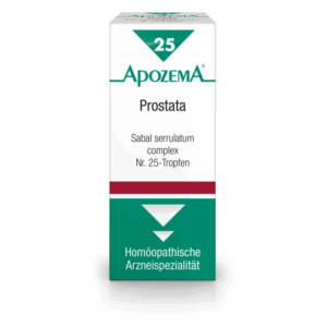 Schachtel mit homöopathischen Tropfen für Prostata, mit Angaben zu Inhaltsstoffen und Anwendungshinweisen.