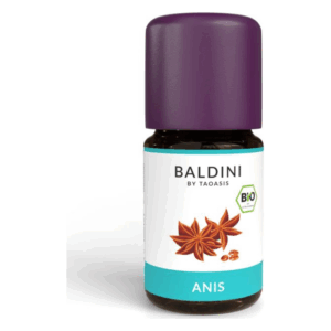 Brauner Flakon mit lila Kappe, etikettiert mit "Baldini Anis" und Bio-Siegel.