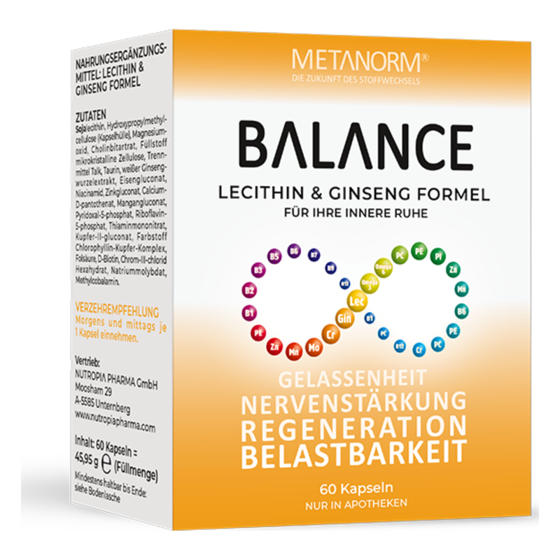 Verpackung einer Nahrungsergänzung mit Lecithin und Ginseng, beschriftet mit Anwendungshinweisen und Inhaltsstoffen.