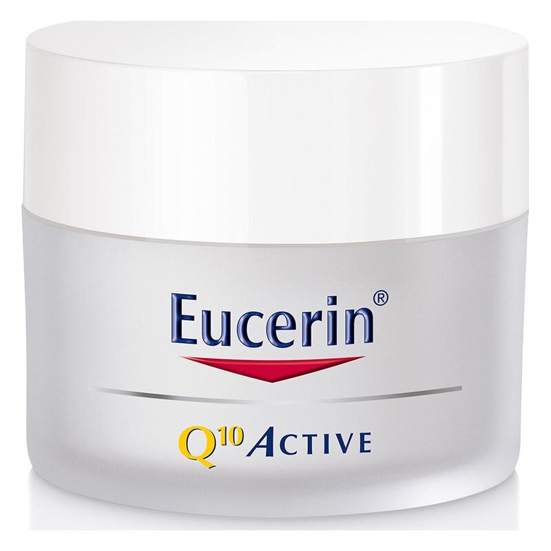 Eucerin Q10 Active Creme in einem runden, weißen Tiegel mit einem klaren Deckel.