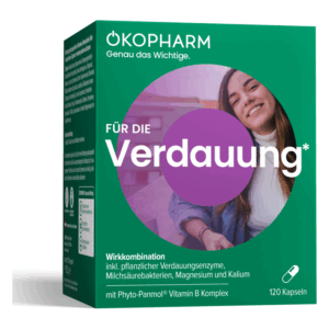 Verpackung von OKOPHARM für Verdauung, mit Kapseln und Informationen zu Inhaltsstoffen und Wirkstoffen.
