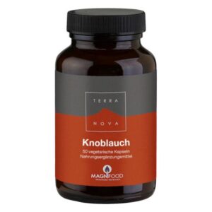 Braunes Glasfläschchen mit schwarzem Deckel, enthält Knoblauchkapseln, Etikett in Grau und Rot.