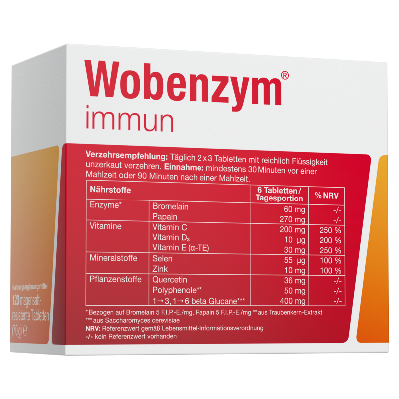Verpackung von Wobenzym immun mit Informationen zu Nährstoffen und täglicher Verzehrsempfehlung auf rotem Hintergrund.