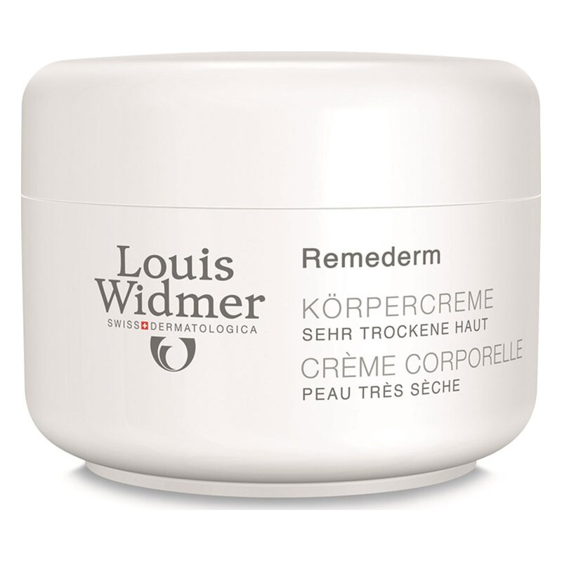 Weißer Tiegel mit Körpercreme von Louis Widmer für sehr trockene Haut, inklusive Produktnamen und Anwendungshinweisen.