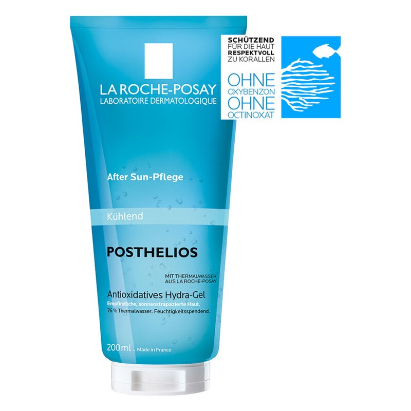 Tube mit kühlender After Sun-Pflege von La Roche-Posay, 200 ml, in blau mit informativen Etiketten.