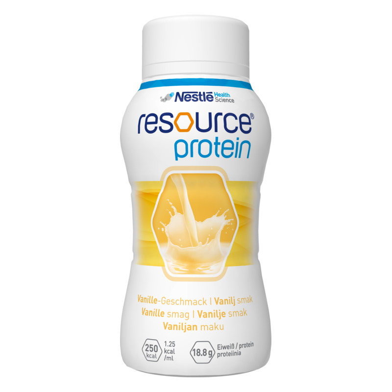 Flasche mit Proteinshake in Vanillegeschmack, abgerundetes Design, gelb-weißer Farbton, geschlossene Verpackung.