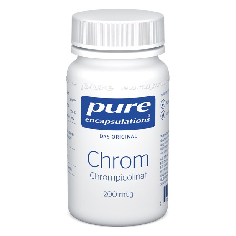 Weißer Flakon mit blauem Etikett, enthält Chrom in Form von Chrompicolinat, angegeben mit 200 mcg.